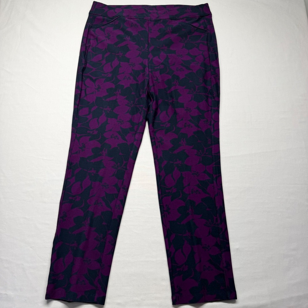 Chico's Travelers Floral Pull On Pants Purple Black Stretch Straight Leg 1.5 10R